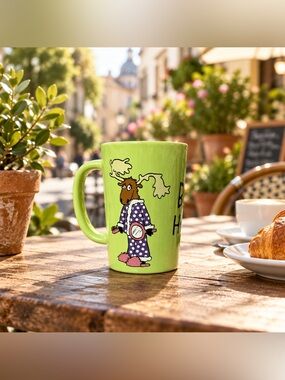 “Bed Head” Moose Graphic Novelty Coffee Tea Mug 2009 By Lazy One Lime/Pink